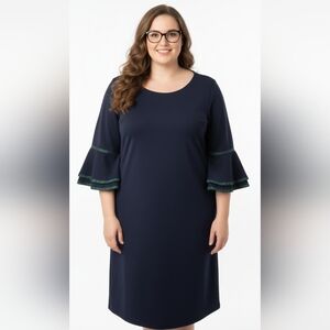 Sharagano Women's Navy Dress with Green Trim Bell Sleeves 20W
